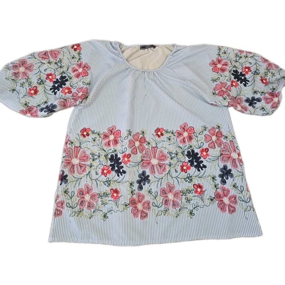 Highness Blouse Womens 2X Blue White Stripe Floral Print Boho Peasant Tunic Top